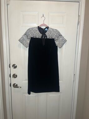 Draper James Velvet Dress with Cream Lace Yoke and Tie Neck